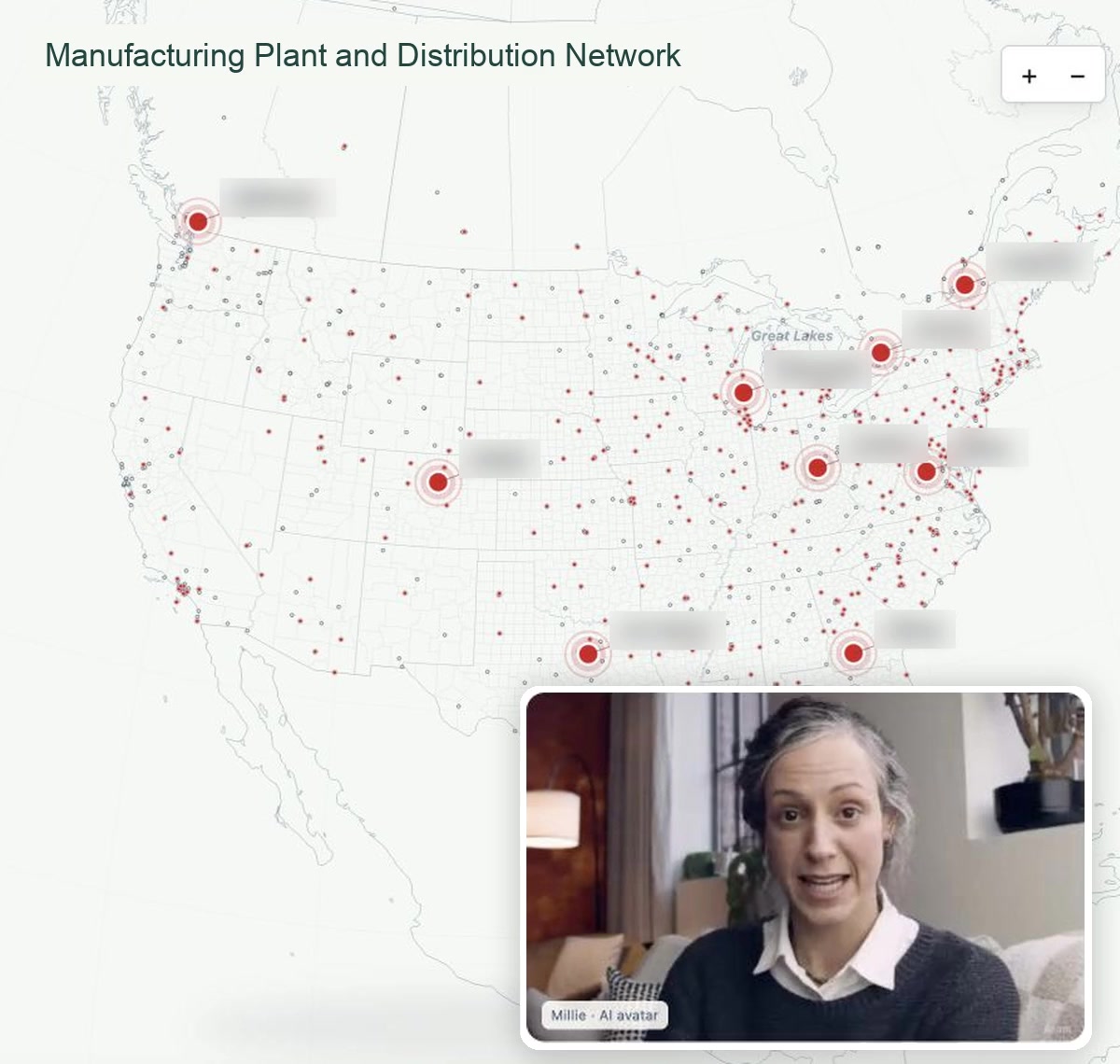 Millie in front of the full anonymized manufacturing and distribution map
